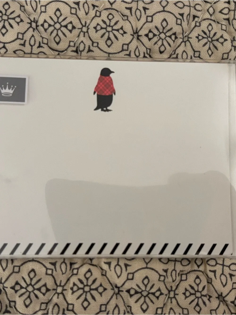 Hallmark Black Penguin flat note cards with Red Plaid Accent